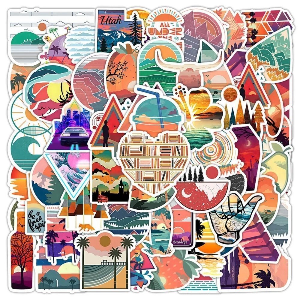 Sunset Beach Sticker Pack, Waves, Palm Tree